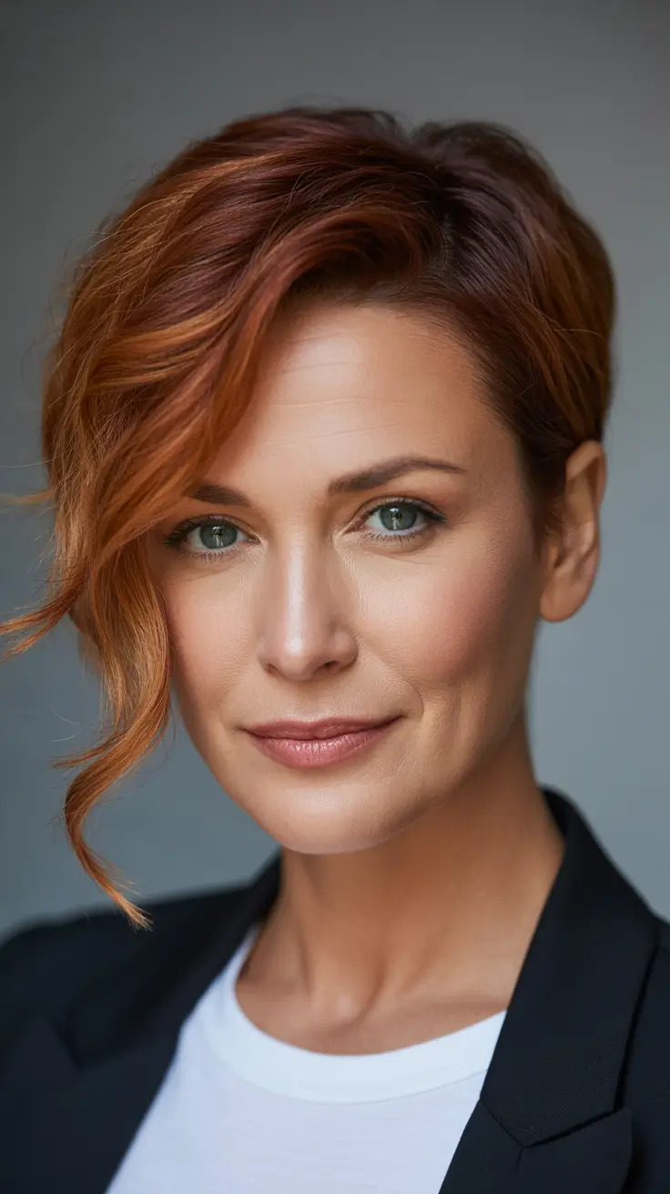 Winter 2025–2026 Haircuts and Colors for Women Over 40 Warm Copper Pixie with Side Fringe
