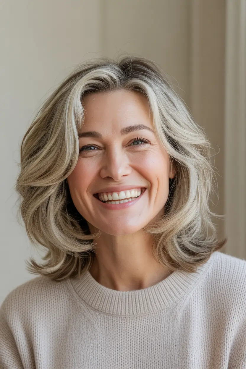 Winter 2025–2026 Haircuts and Colors for Women Over 40 Soft Blonde Highlights on Layered Medium Cut