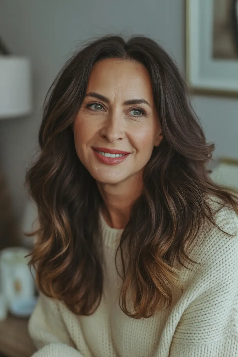 Winter 2025–2026 Haircuts and Colors for Women Over 40 Classic Long Brunette Waves
