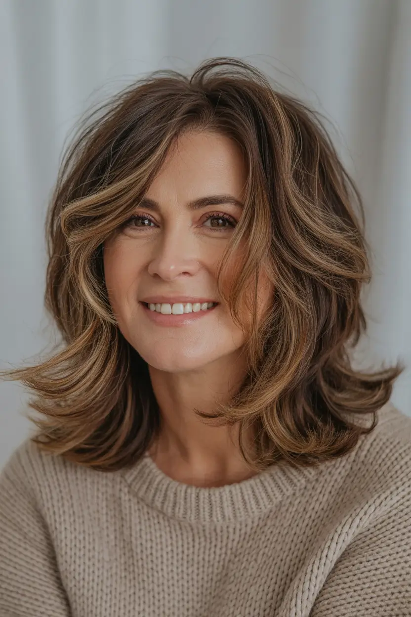 Winter 2025–2026 Haircuts and Colors for Women Over 40 Feathered Medium Shag with Caramel Balayage