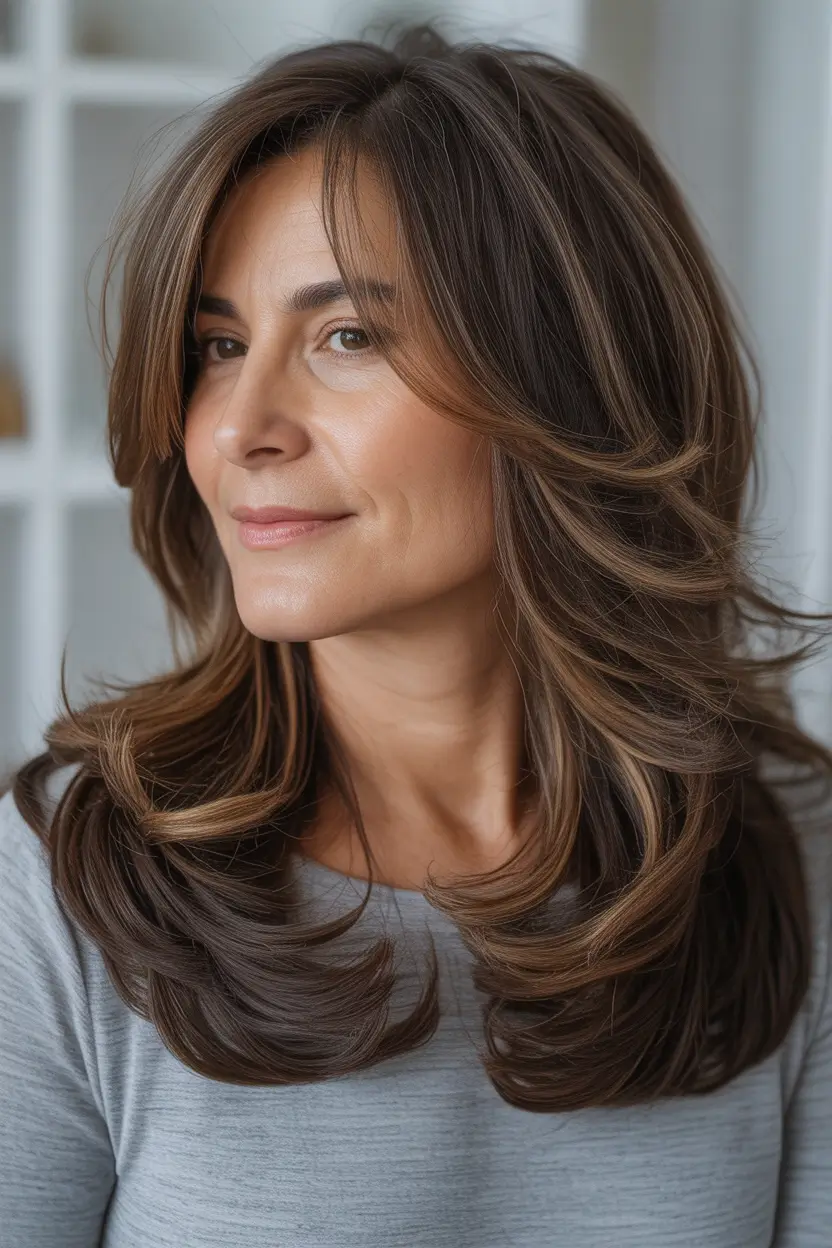 Winter 2025–2026 Haircuts and Colors for Women Over 40 Chocolate Brown Flow with Layers