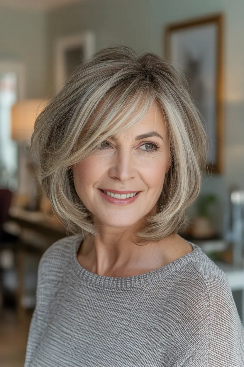 Winter 2025–2026 Haircuts and Colors for Women Over 40 Silver Blonde Bob with Side Part
