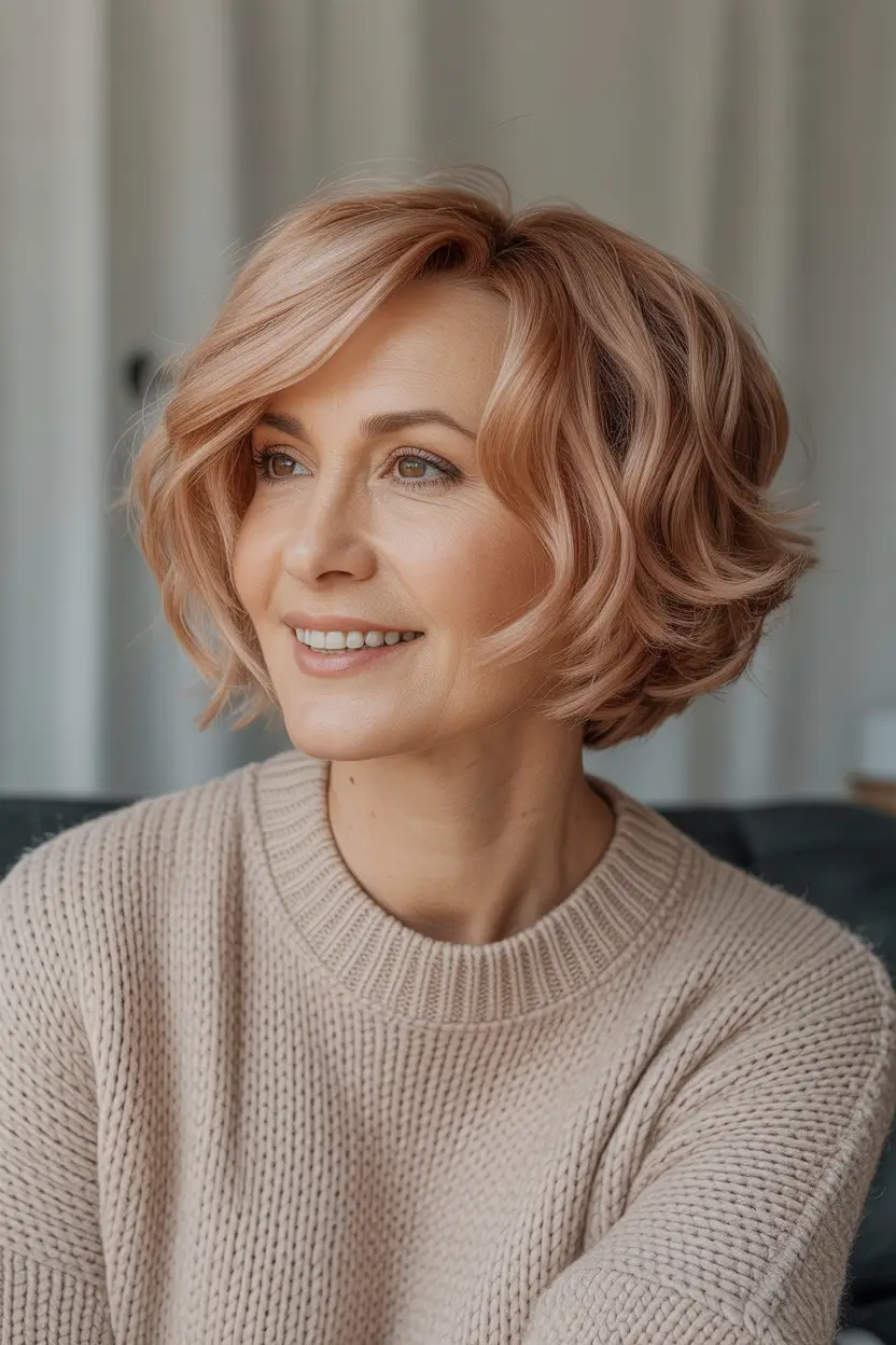 Winter 2025–2026 Haircuts and Colors for Women Over 40 Rose Blonde Curly Bob