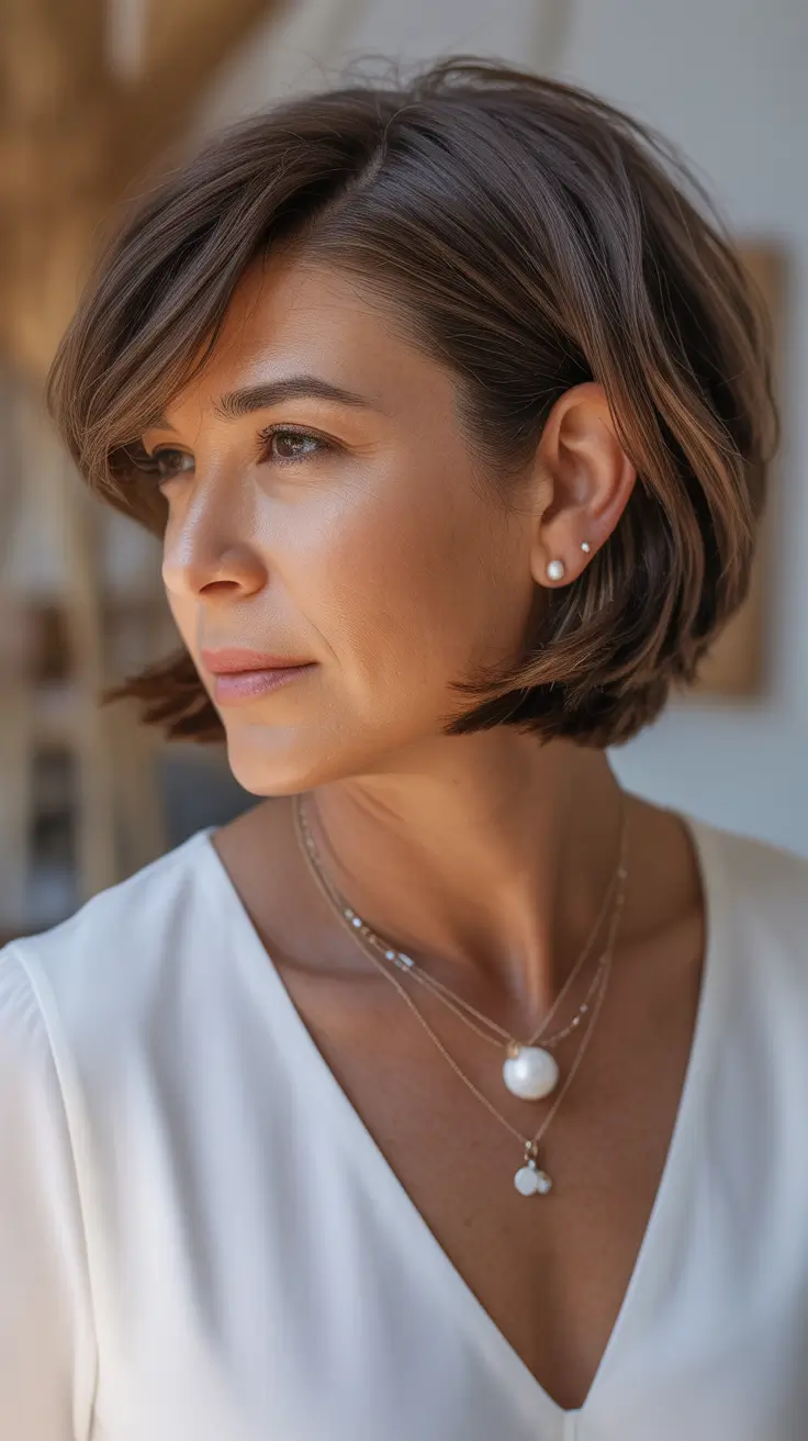 Winter 2025–2026 Haircuts and Colors for Women Over 40 Classic Brunette Bob with Side Layers