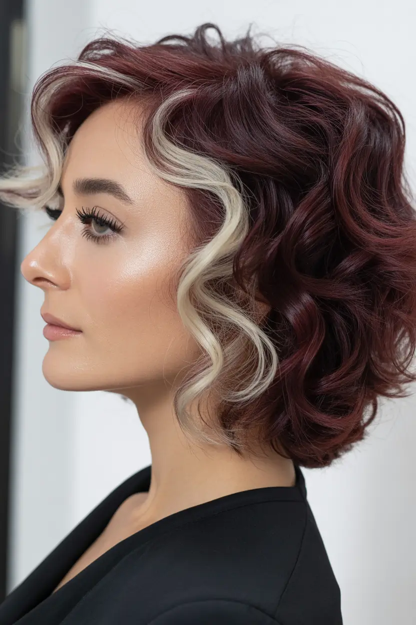 Winter 2025–2026 Haircuts and Colors for Women Over 40 Wine Red Curls with Platinum Accents