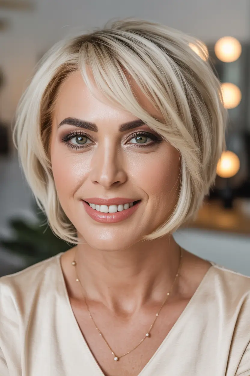 Winter 2025–2026 Haircuts and Colors for Women Over 40 Playful Blonde Bob with Wispy Fringe
