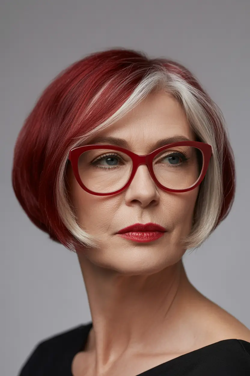 Winter 2025–2026 Haircuts and Colors for Women Over 60 Red and White Contrast Bob