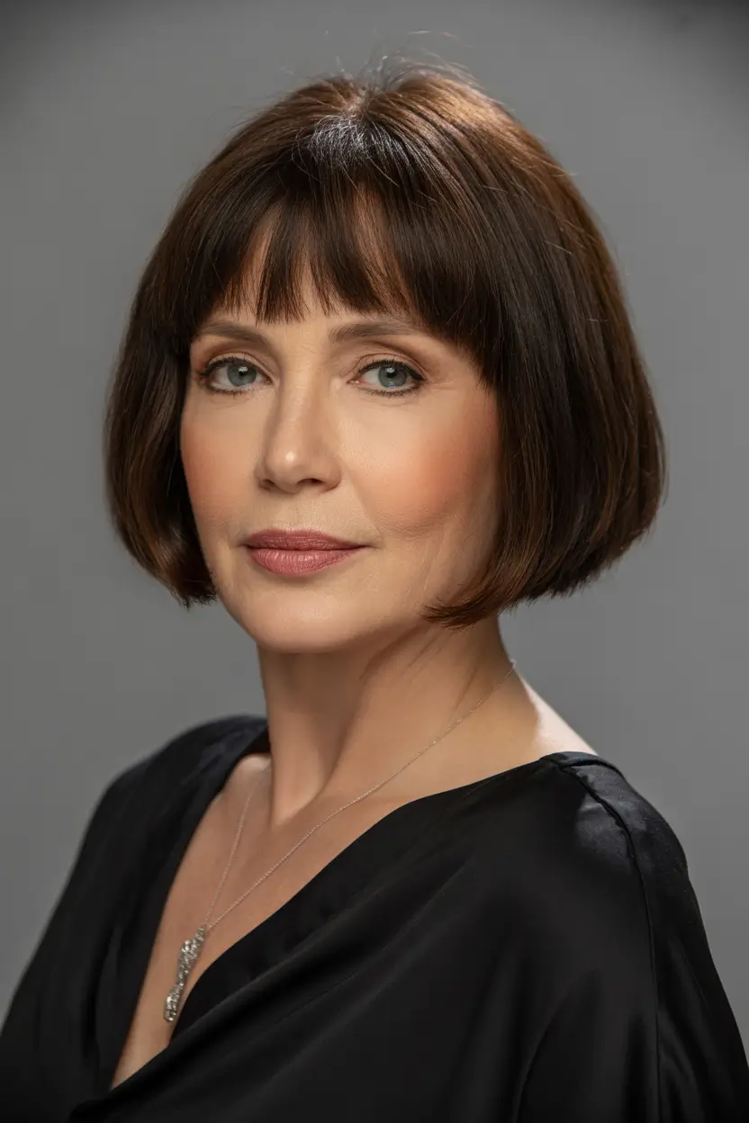 Winter 2025–2026 Haircuts and Colors for Women Over 60 Chocolate Bob with Wispy Bangs