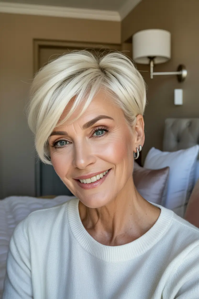 Winter 2025–2026 Haircuts and Colors for Women Over 60 Soft Platinum Pixie