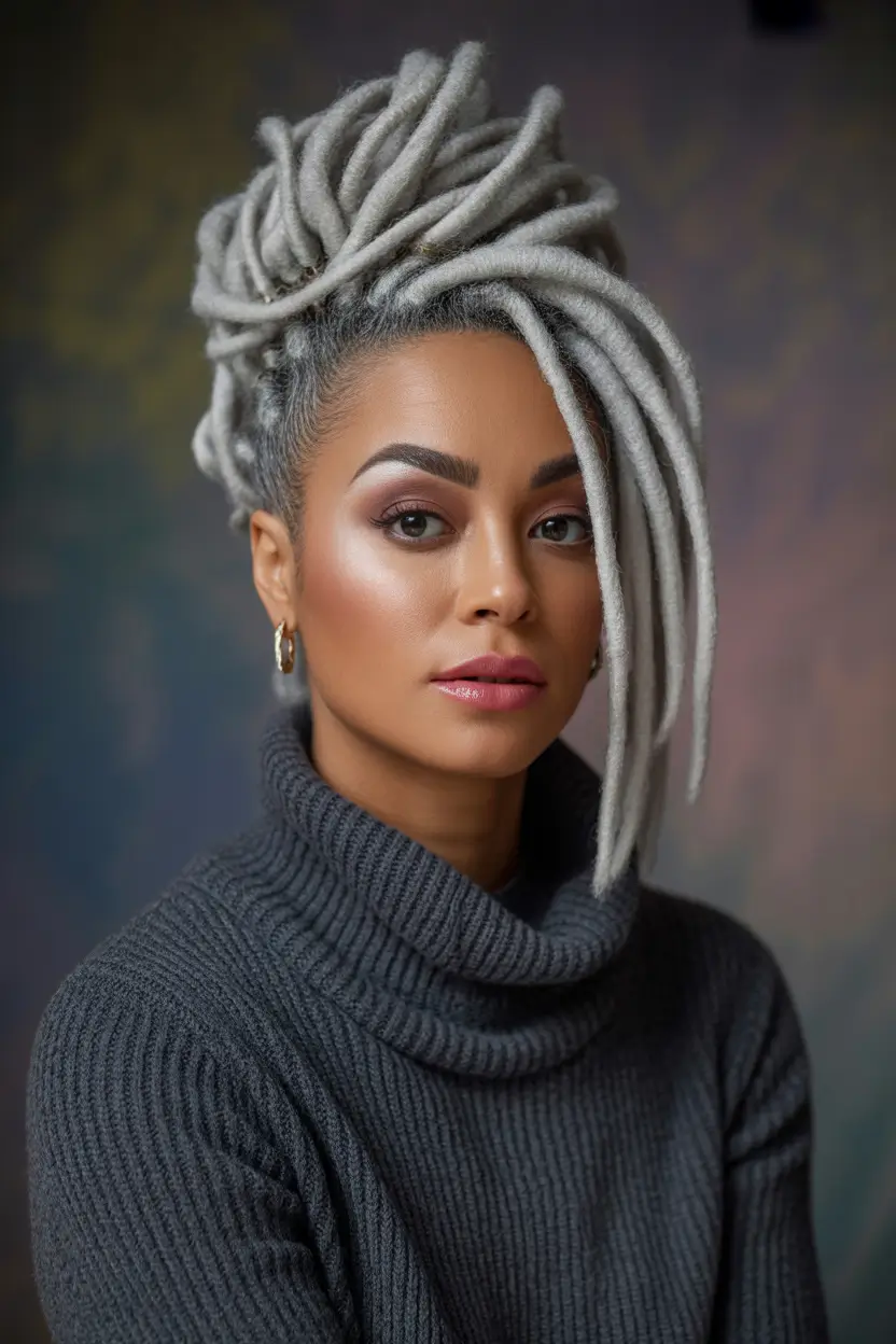 locs Frosted Silver Locs Updo