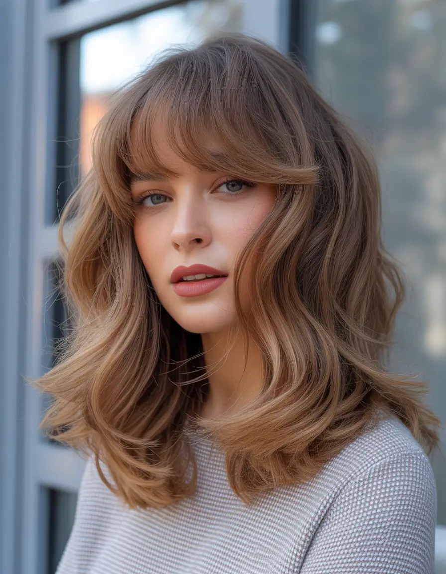 Winter 2025–2026 Medium Haircuts Soft Caramel Waves with Bangs