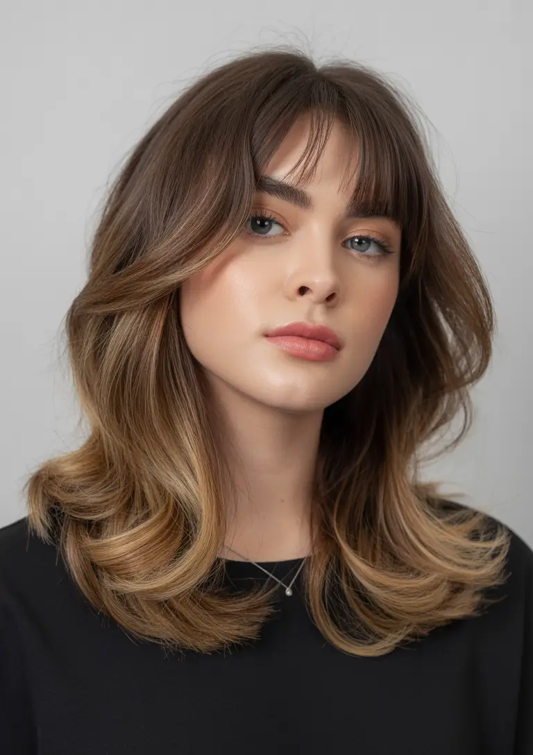 Winter 2025–2026 Medium Haircuts Wispy Bangs with Brunette Shine