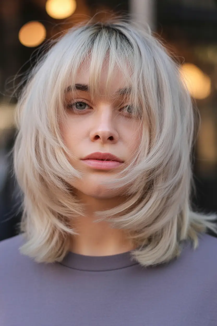 Winter 2025–2026 Medium Haircuts Platinum Blonde with Airy Bangs