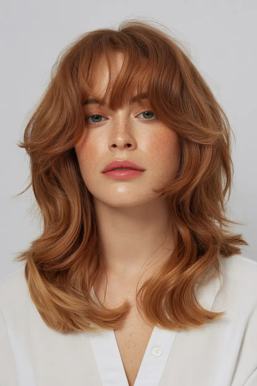 Winter 2025–2026 Medium Haircuts Ginger Shag with Bangs and Layers