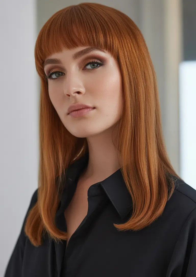 Winter 2025–2026 Medium Haircuts Sleek Copper with Sharp Bangs