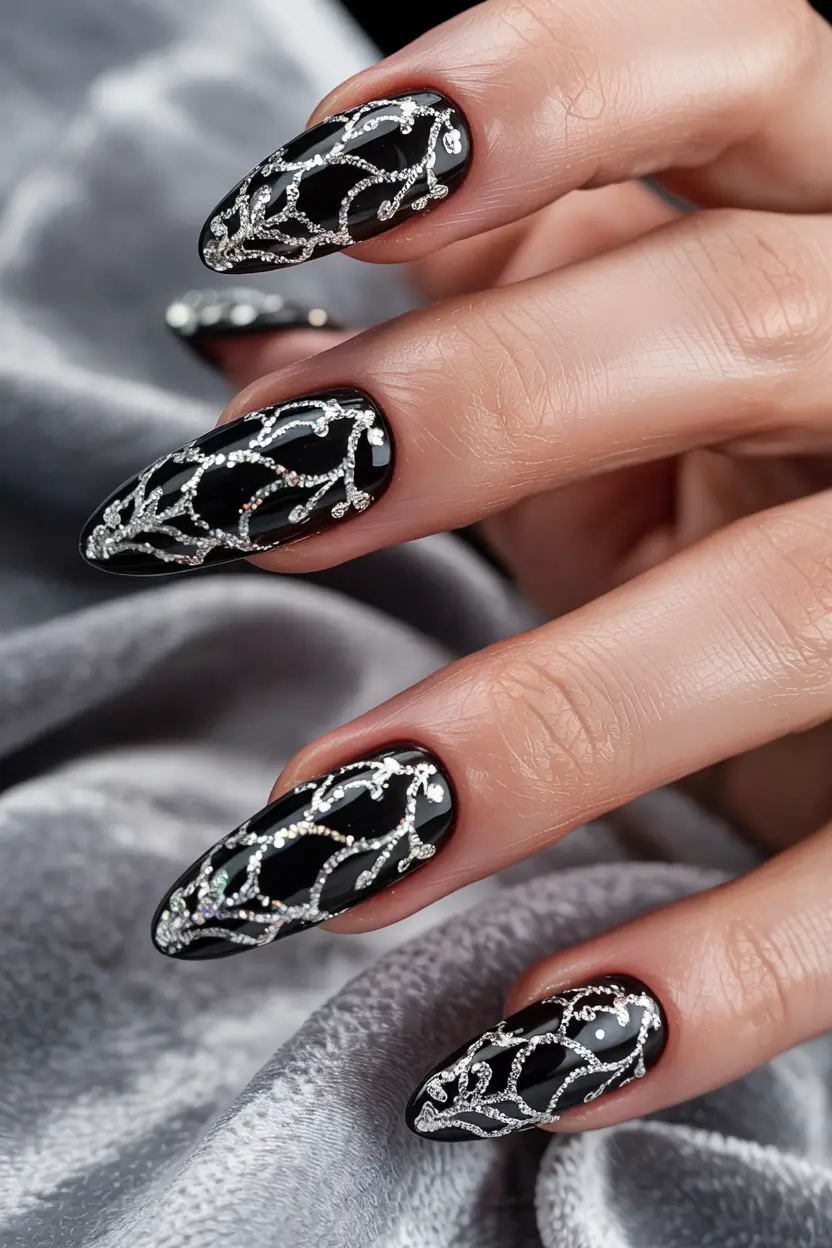 Winter 2025–2026 Nails Ideas Midnight Silver Web