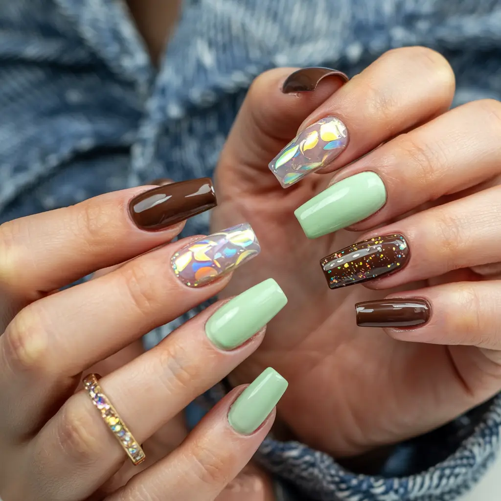 Winter 2025–2026 Nails Ideas Mint Mocha Shimmer