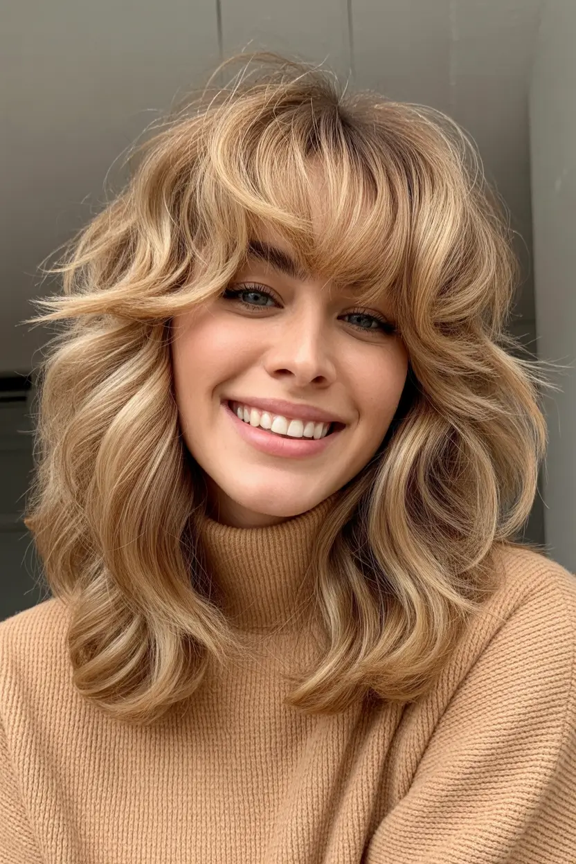 Winter 2025–2026 Trending Hair Colors Soft Golden Layers with Wispy Bangs