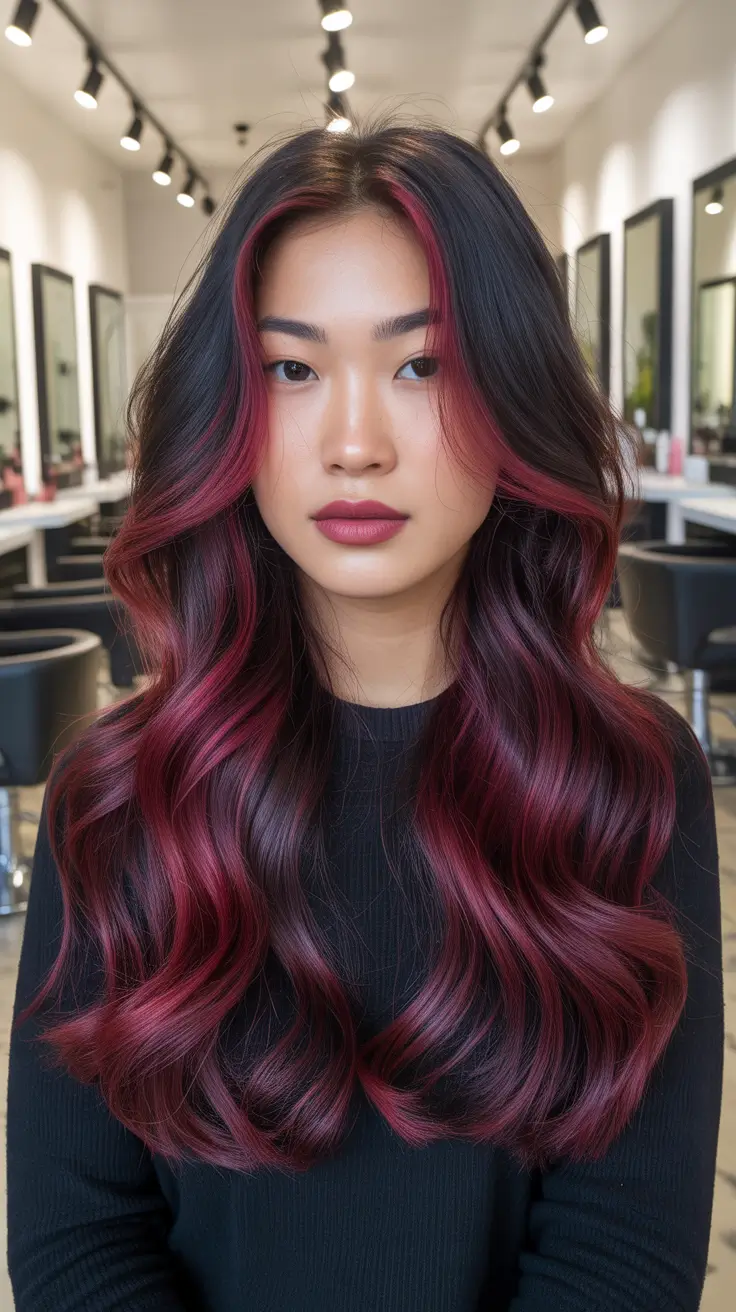 Winter 2025–2026 Trending Hair Colors Black with Crimson Ribbons