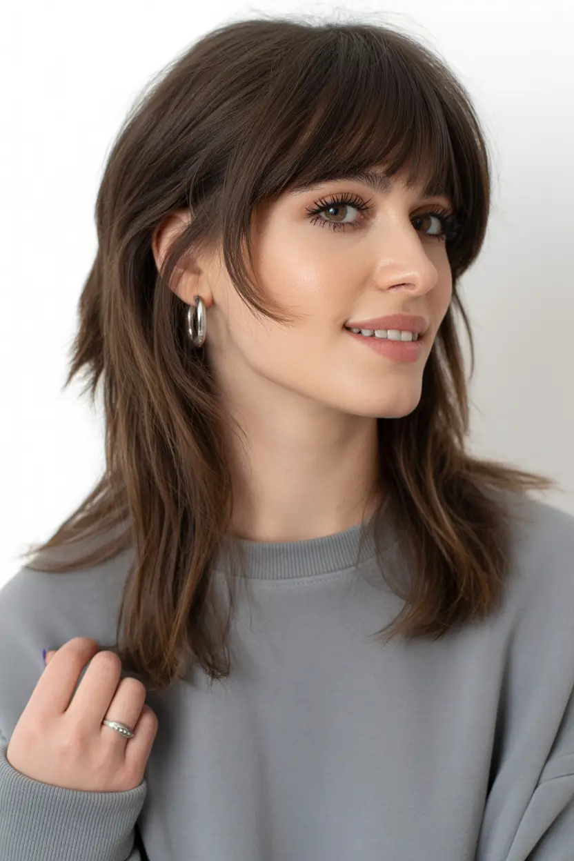 Winter 2025–2026 Trending Hair Colors Chocolate Brown with Curtain Bangs