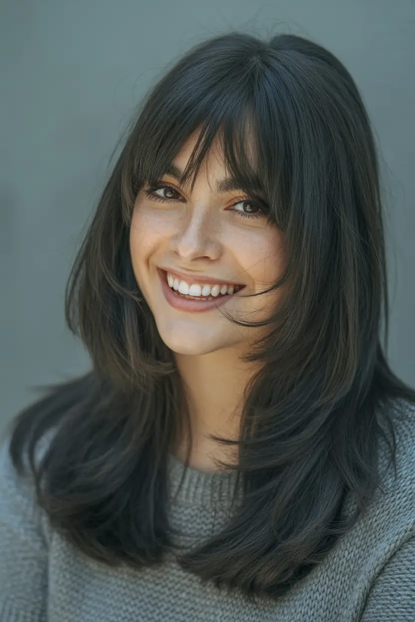Winter 2025–2026 Trending Hair Colors Glossy Dark Layers with Fringe