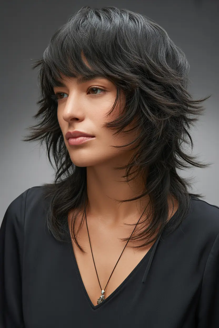 Winter 2025–2026 Trending Hair Colors Feathered Black Shag