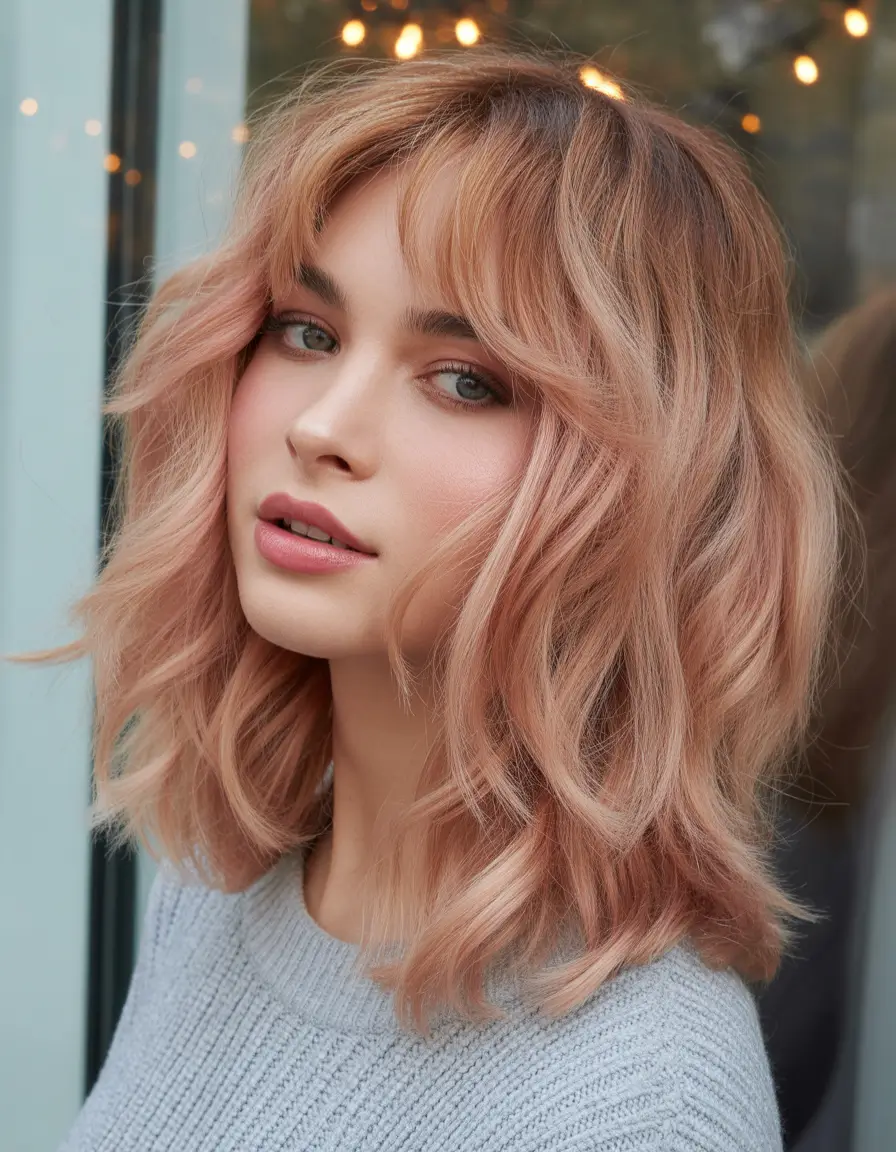 Winter 2025–2026 Trending Hair Colors Rose Gold Lob