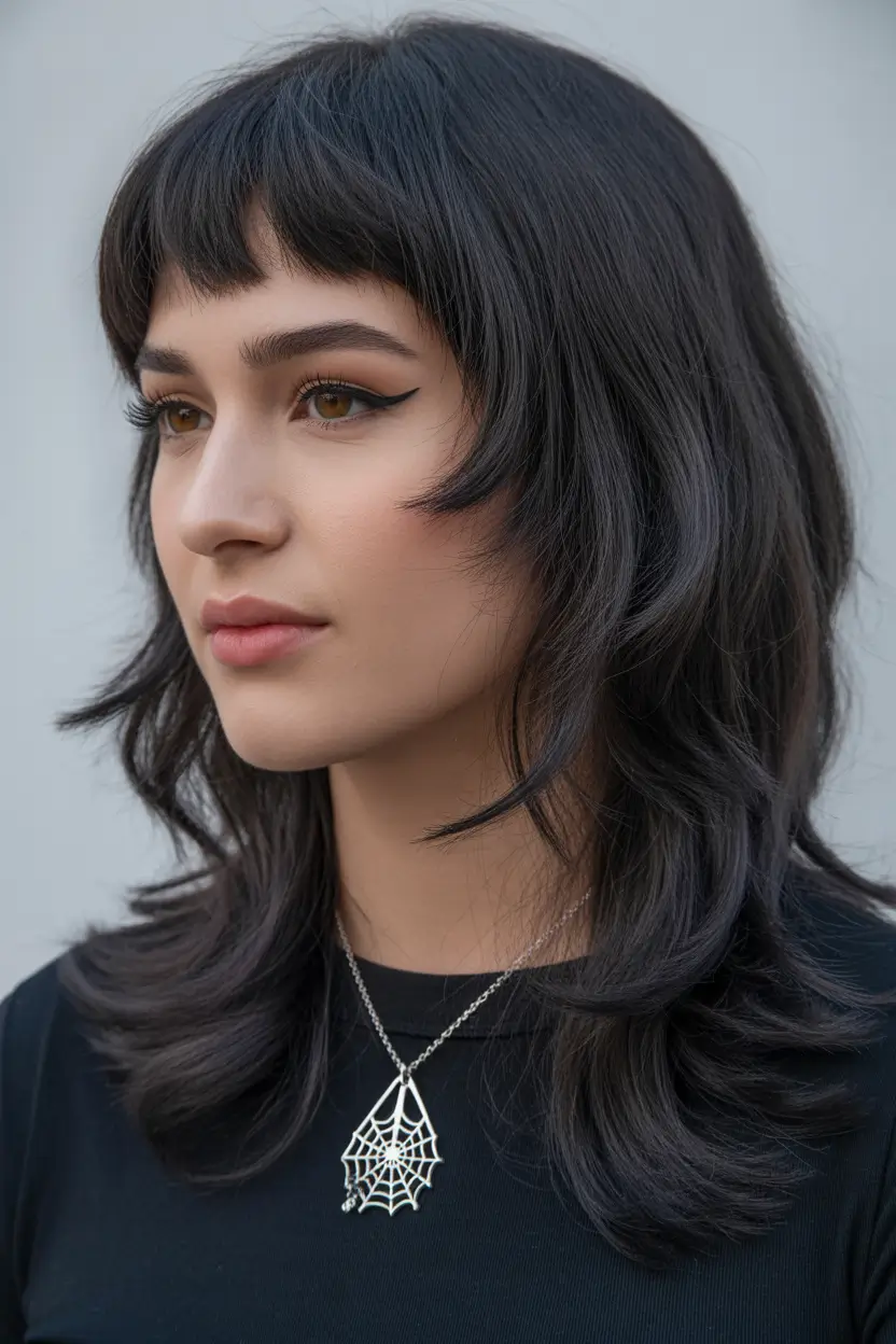 Winter 2025–2026 Trending Hair Colors Edgy Dark Shag with Baby Bangs