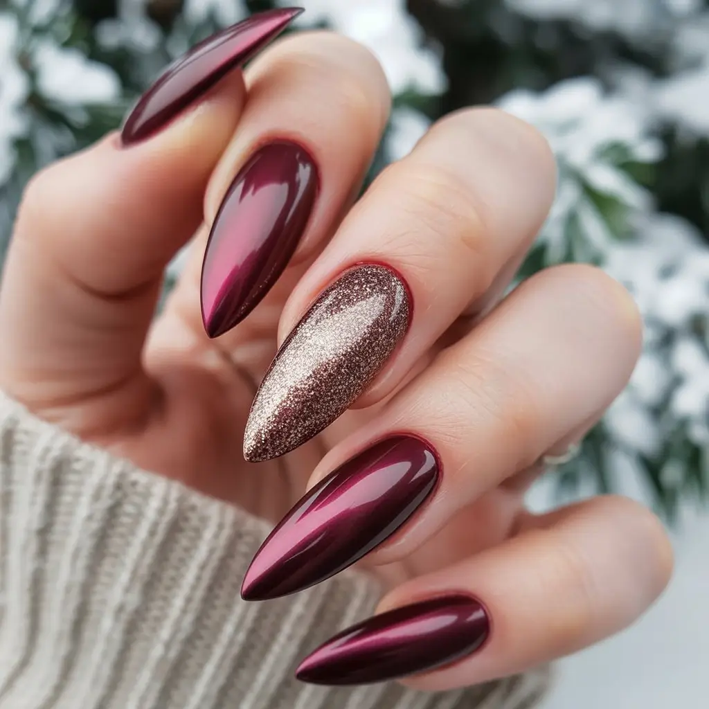 Winter-Gel-Nails-Ideas-2025-2026 Wine-and-Gold-Velvet