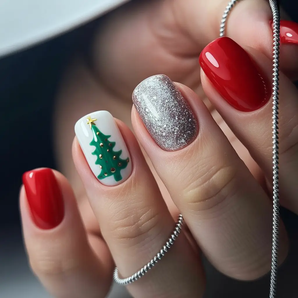 Winter-Gel-Nails-Ideas-2025-2026 Festive-Evergreen