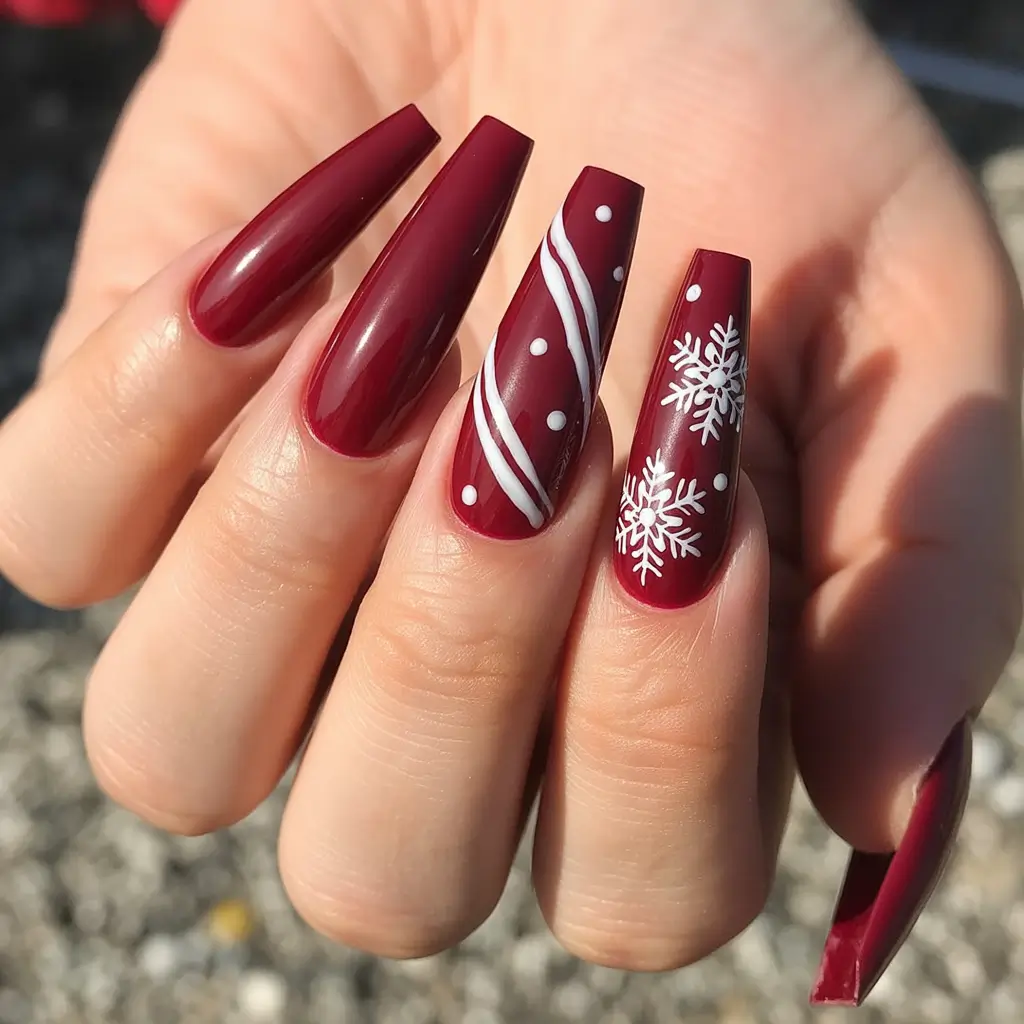 Winter-Gel-Nails-Ideas-2025-2026 Wine-Snowflakes