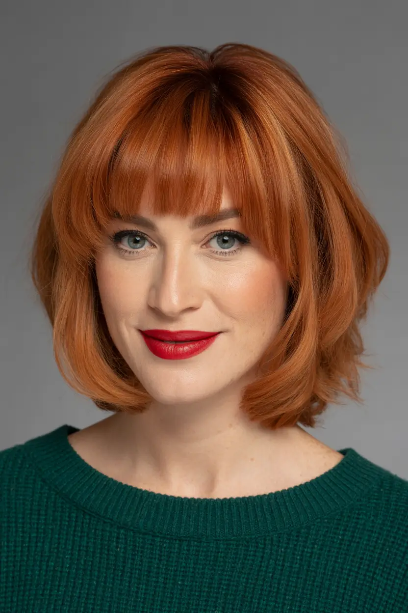 Winter Haircuts and Colors 2025–2026 Copper Bob with Bangs