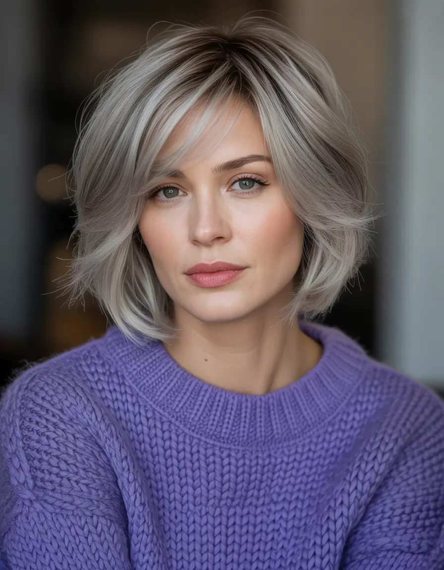 Winter Haircuts and Colors 2025–2026 Silver Layered Bob