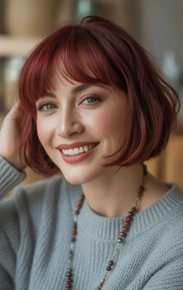Winter Haircuts and Colors 2025–2026 Crimson Bob with Bangs