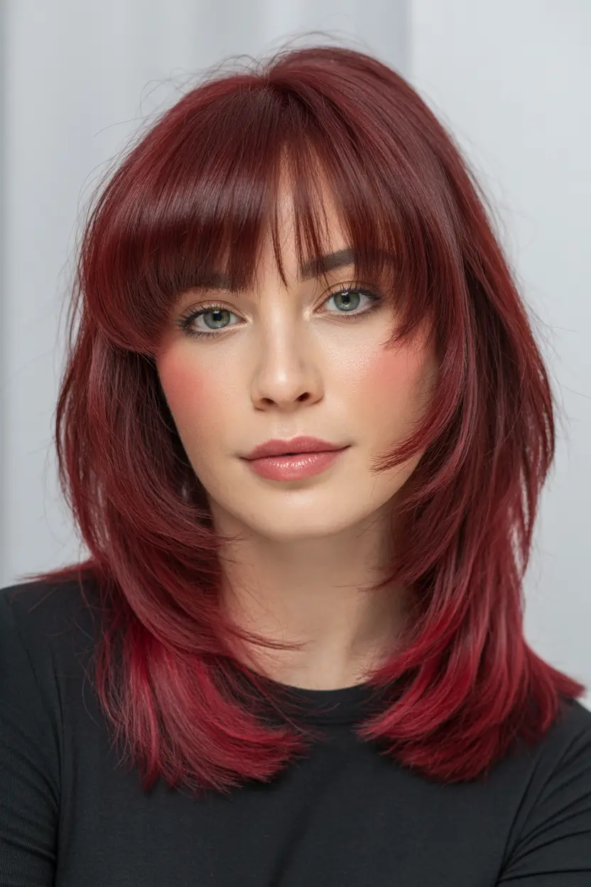 Winter Haircuts and Colors 2025–2026 Red Layered Medium Cut