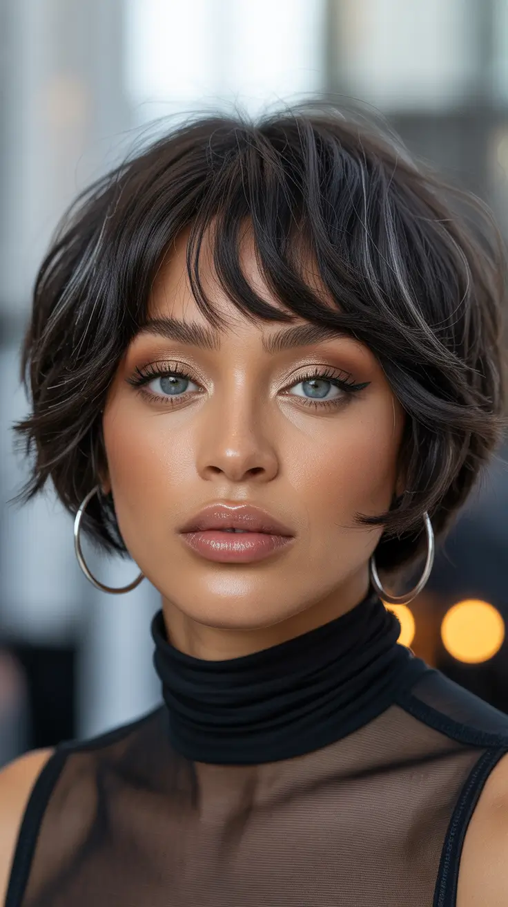 Winter Haircuts for Round Faces 2025–2026 Soft Tousled Bob with Curtain Bangs