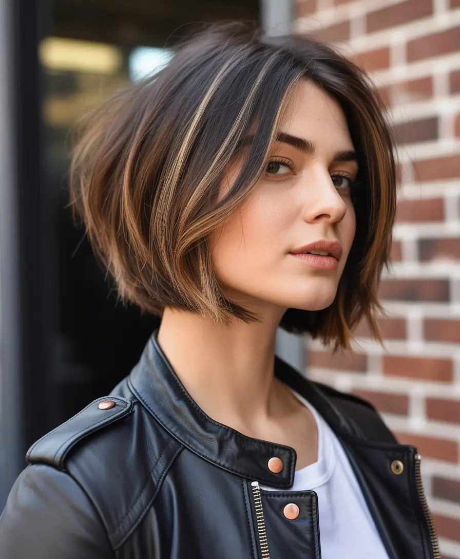 Winter Haircuts for Round Faces 2025–2026 Layered Bob with Highlights