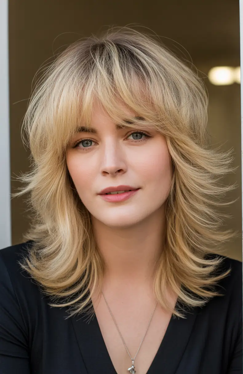 Winter Haircuts for Round Faces 2025–2026 Soft Blonde Shag with Bangs