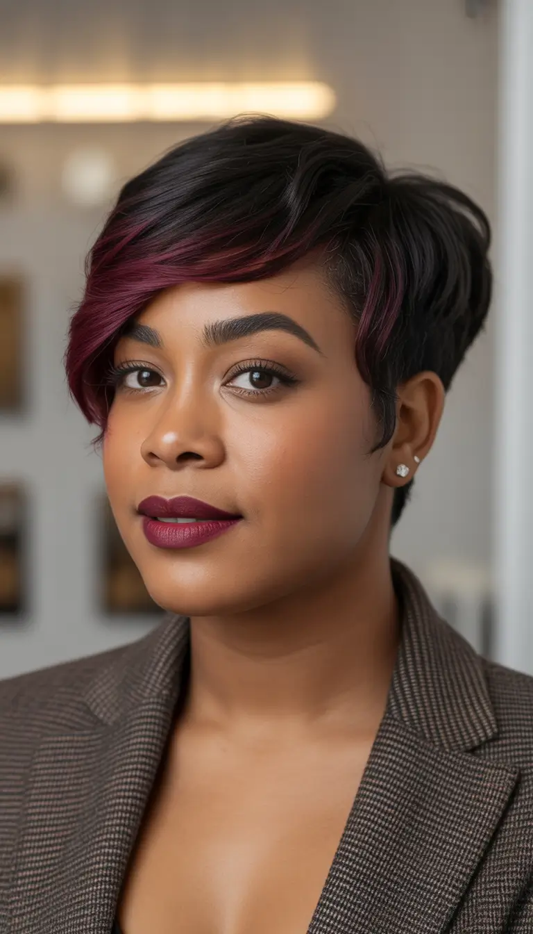 Winter Haircuts for Round Faces 2025–2026 Polished Pixie with Deep Side Sweep