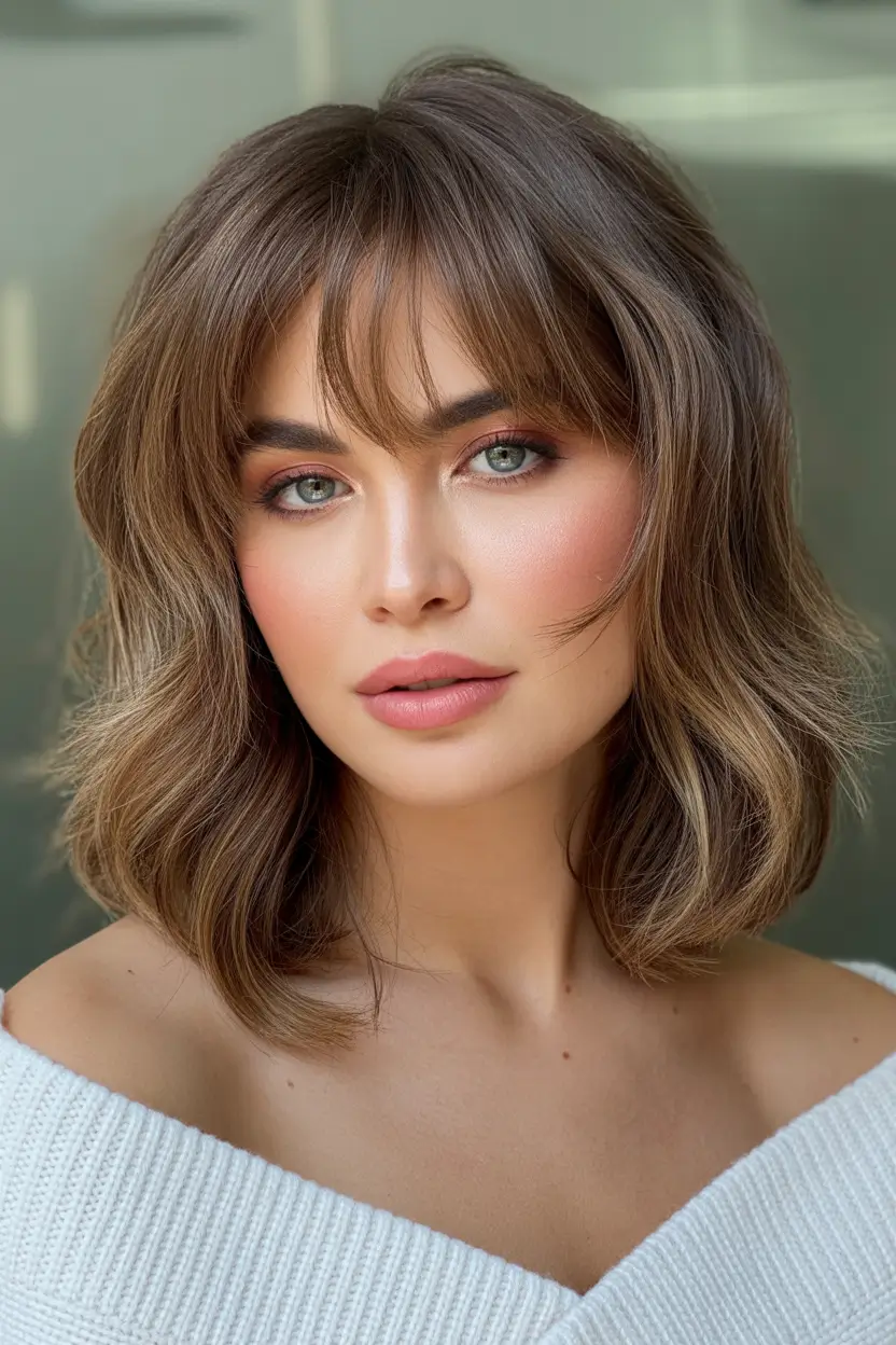 Winter Haircuts for Round Faces 2025–2026 Soft Layered Bob with Bangs