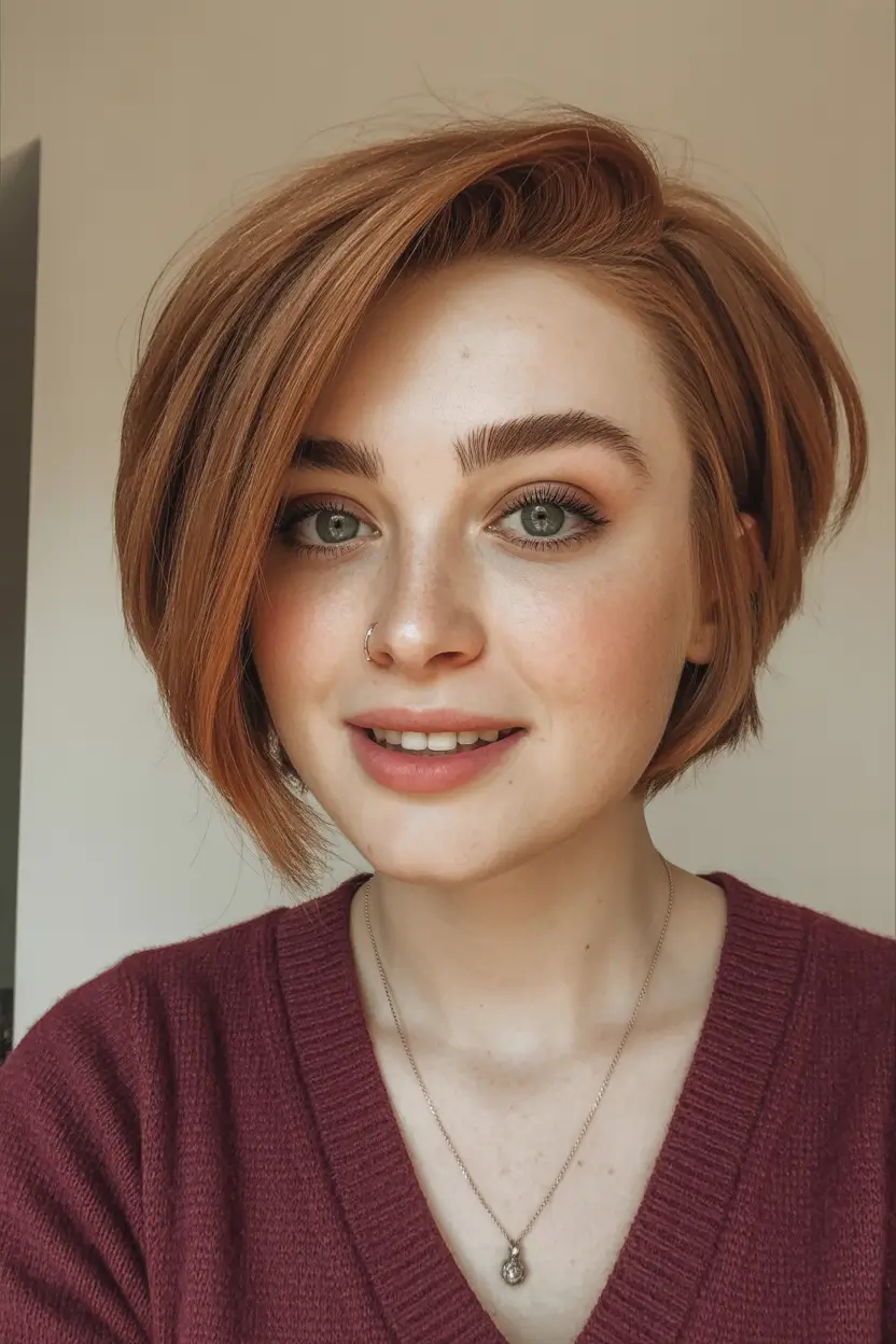 Winter Haircuts for Round Faces 2025–2026 Copper Side-Parted Bob
