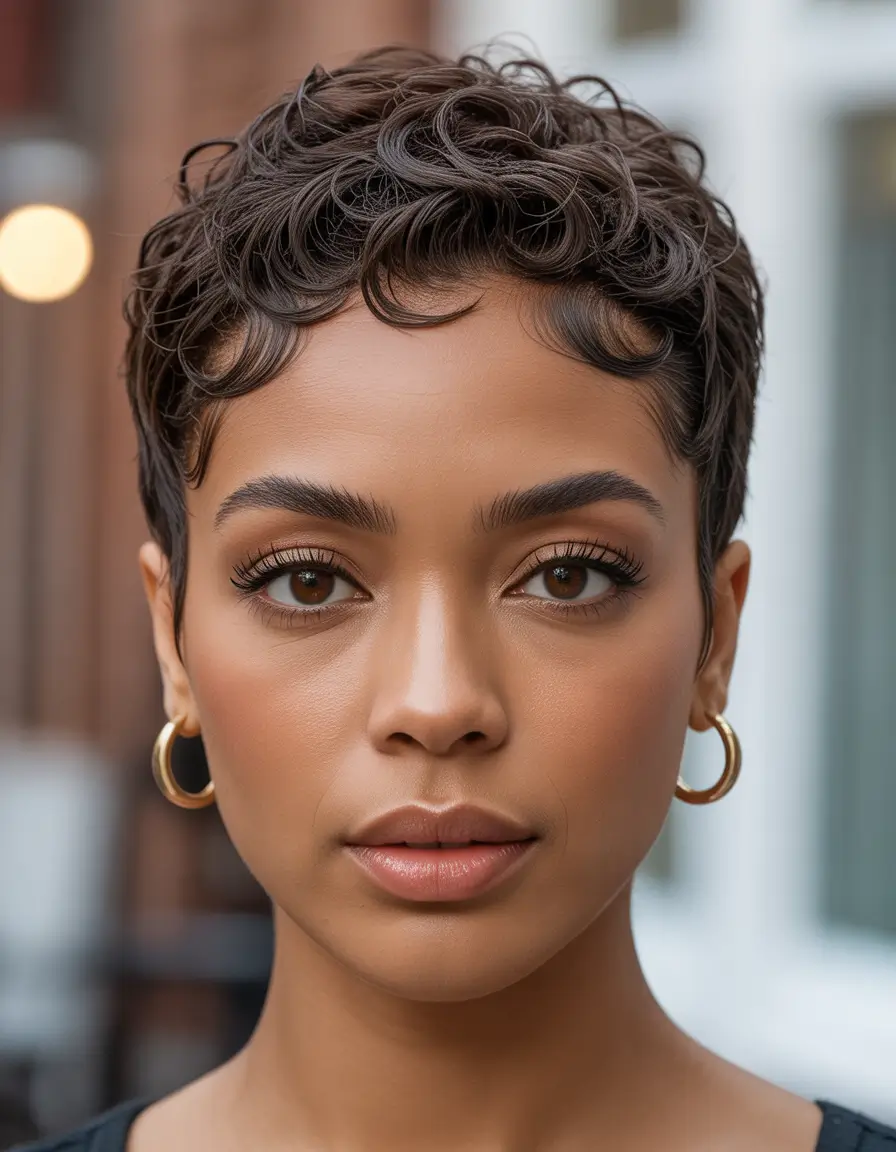 Winter Haircuts for Round Faces 2025–2026 Short Curly Pixie