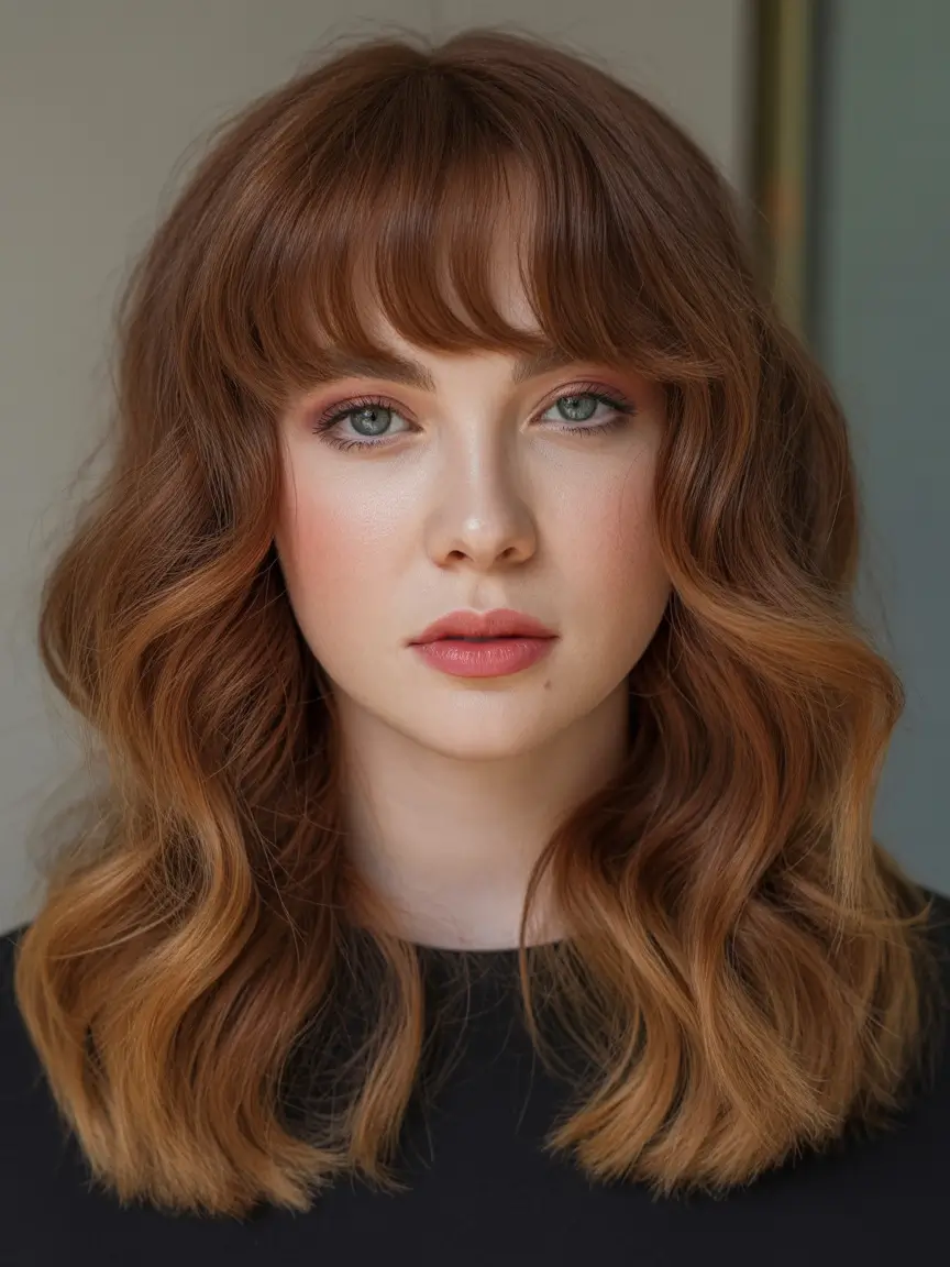 Winter Haircuts for Round Faces 2025–2026 Long Copper Waves with Fringe