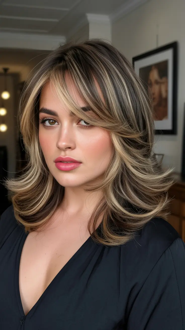 Winter Haircuts for Round Faces 2025–2026 Layered Blonde Blowout