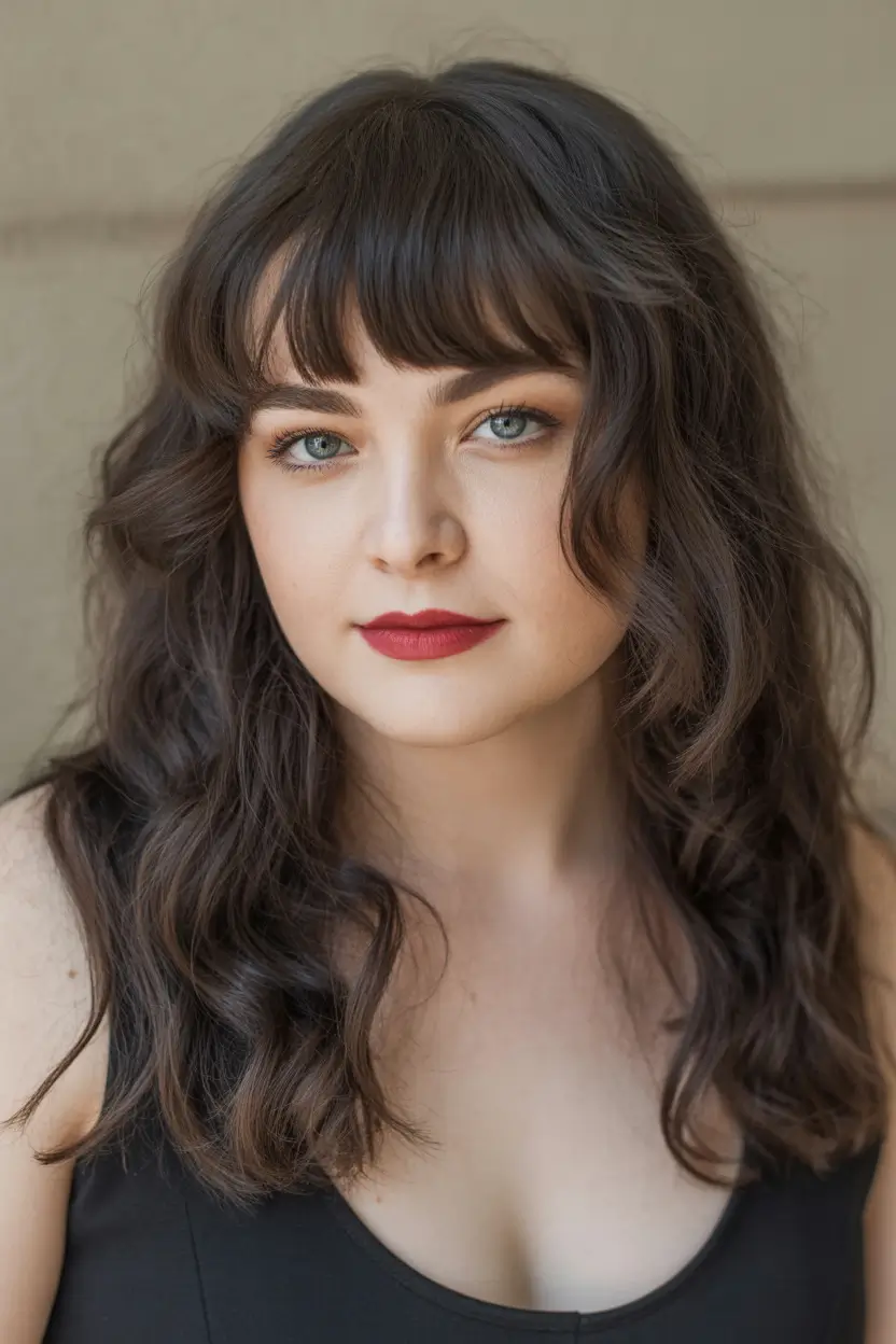 Winter Haircuts for Round Faces 2025–2026 Wavy Lob with Textured Bangs