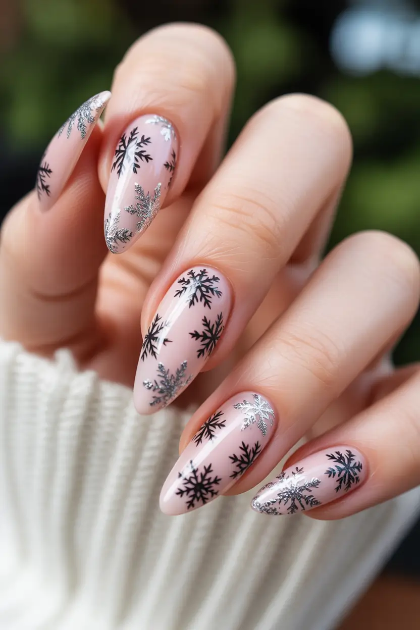 Winter Nail Art Inspo 2025–2026 Silver Snowfall Almond Sparkle