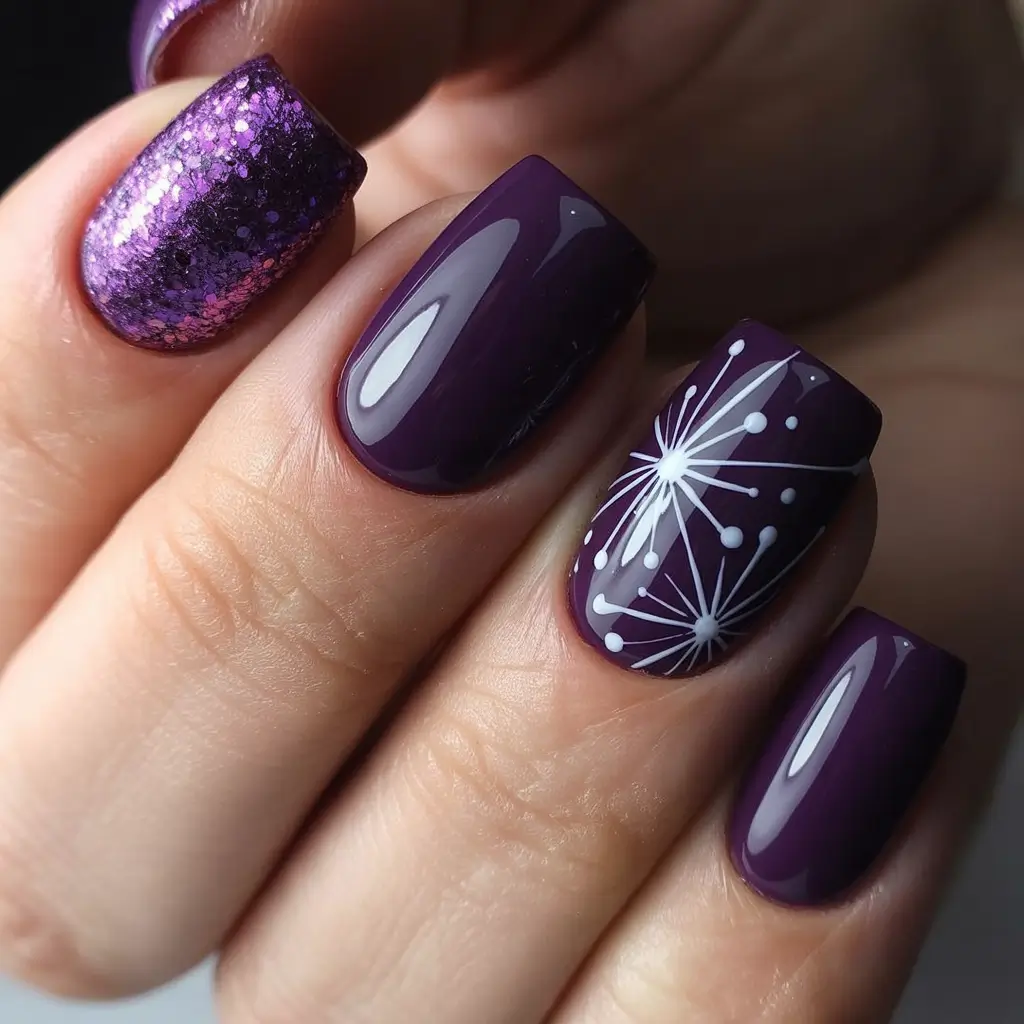 Winter Nail Art Inspo 2025–2026 Cosmic Violet Night Sky Fireworks