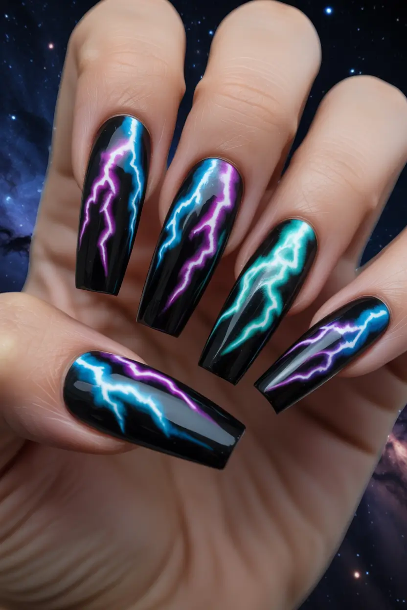 Winter Nail Art Inspo 2025–2026 Electric Aurora Galaxy Lightning