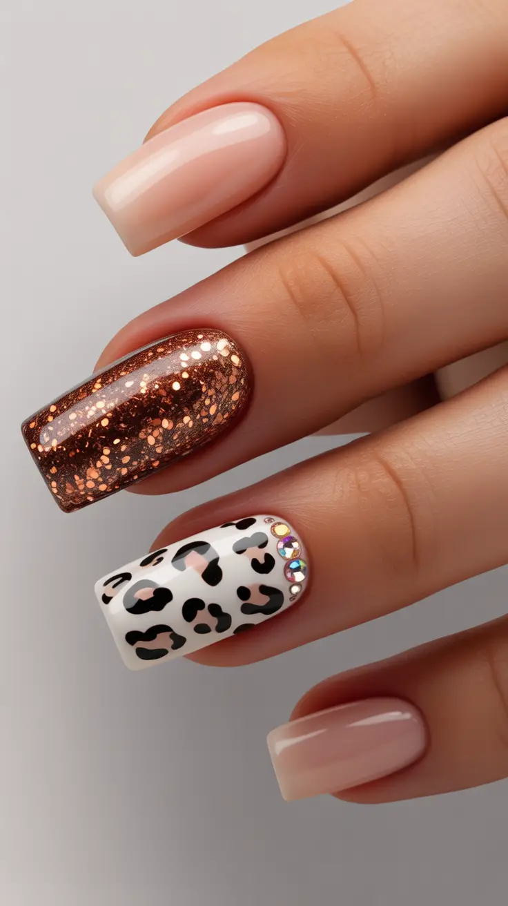 Winter Nail Art Inspo 2025–2026 Copper Glow Leopard Luxe with Sparkle