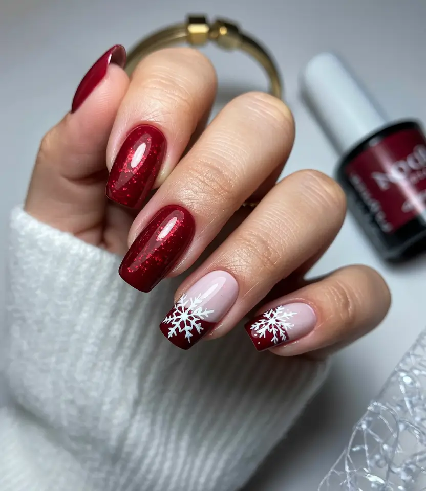 Winter Nail Art Inspo 2025–2026 Scarlet Frost Red Snowflake French